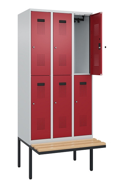 C+P Doppelstock-Spind Evolo PLUS, Bank, 6 Fächer, 2120x900x815mm, 7035/3003, Zylinderschloss, Sitzfläche Buche-Hartholz, 0493407-30 S10031