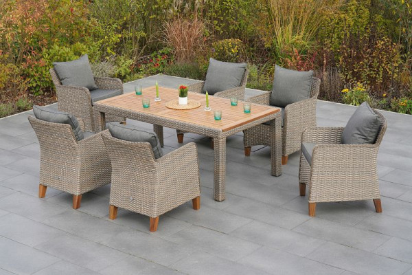 Merxx Avellino Set 7-teilig, 6 Avellino Sessel inkl. Sitzkissen, 1 Tisch 180 x 100 cm, FSC Akazienholz, Aluminiumgestell mit Kunststoffgeflecht, 50750-255