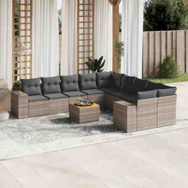 vidaXL 11-tlg. Garten-Sofagarnitur mit Kissen Grau Poly Rattan, UV-beständig, 3257971