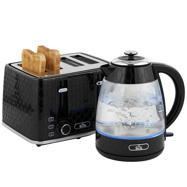 HOMCOM 1,7L 2200W Schnellkoch-Wasserkocher und 4-Scheiben-Toaster-Set mit Kalkfilter, Schwarz, 800-307V90BK
