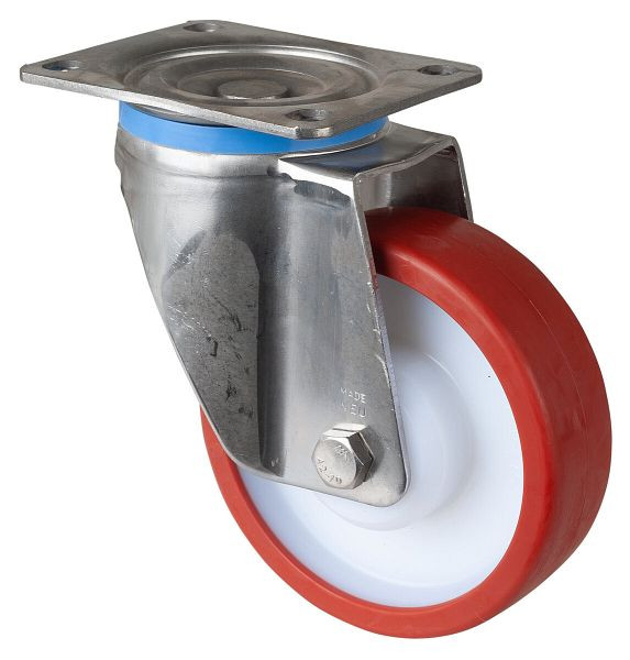 BS Rollen Edelstahl Schwerlastrolle, Breite 45 mm, Ø150 mm, bis 450 kg, Lauffläche Polyurethan rot, Körper Kunststoff, Edelstahl-Rollenlager, HS100.B28.151