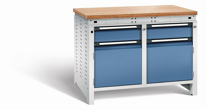 Otto Kind Werkbank Serie function Typ 214, Multiplexplatte 40 mm, bündig, 2x Unterbau + Zentralverschluss, Gehäuse RAL 7035, Front RAL 5023, 072344164