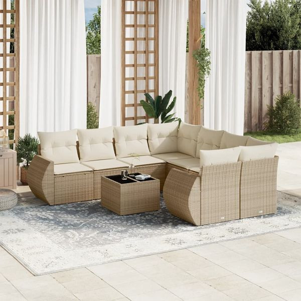vidaXL 9-teilig Garten-Sofagarnitur mit Kissen Beige Poly Rattan, 3253495