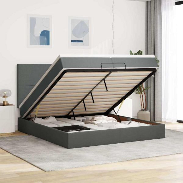 vidaXL Ottoman-Bett mit Matratzen Dunkelgrau 200x200 cm Stoff, 3313100
