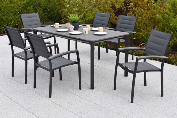 Merxx Pisa Set 7-teilig, graphit, 6 Stapelsessel, 1 Tisch 160 x 90 cm, Armlehnen und Tischplatte in realistischer Holzoptik, 51094-217