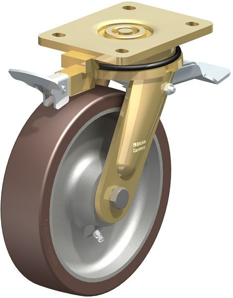 Blickle LS-GB 200K-ST-RI4 Stahlgeschweißte Schwerlast-Lenkrolle, schwere Drehkranz-Ausführung mit Feststeller, Blickle Besthane®, Braun, 852595