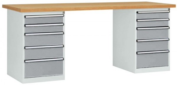 Manuflex Werkbanksystem COMBI, 2 Gehäuse Modell 2 mit massiver Bucheplatte, BxTxH = 2000 x 700 x 840 mm, Alusilber, WC5113.9006