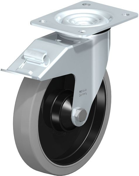 Blickle LE-POEV 201K-FI-SG Stahlblech-Lenkrolle mit Anschraubplatte & Feststeller, Elastik-Vollgummi, Grau, 850260