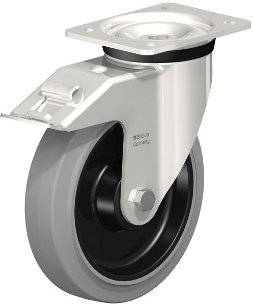 Blickle LKX-POEV 200KD-FI-SG Edelstahl-Schwerlast-Lenkrolle mit Anschraubplatte & Feststeller, Elastik-Vollgummi, Grau, 744431