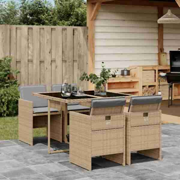 vidaXL 5-tlg. Garten-Essgruppe mit Kissen Beigemischung Poly Rattan, UV-beständig, 3210540