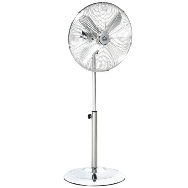 HOMCOM 120 cm Standventilator, Ventilator, Höhenverstellbarer Lüfter, 3 Geschwindigkeitsstufen, Verstellbarer Neigungswinkel, Stahl, Silber, 824-021