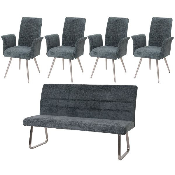 Mendler Esszimmer-Set HWC-G55, 4er-Set Stuhl mit Armlehne+Sitzbank 180cm, Edelstahl gebürstet Stoff/Textil Chenille, blau-grün, 2x108225+108226+108227