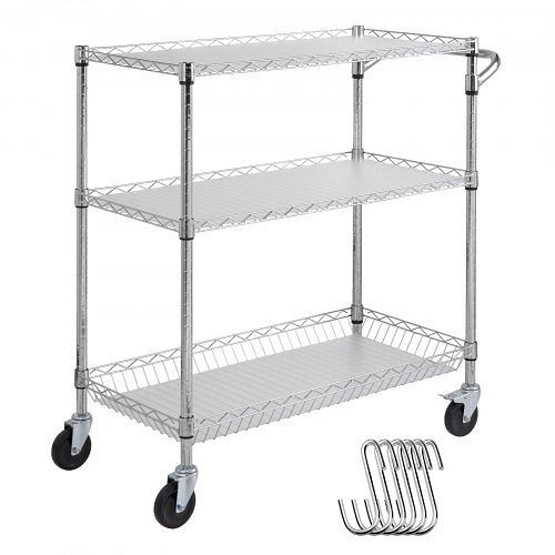 VEVOR Küchenwagen, 3 Ebenen mit 300 kg Kapazität, Chrom Abräumwagen, Transportwagen Rollbarer Aufbewahrungswagen mit 6 Haken Silber, WGCFTCCB350X1RH9BV0