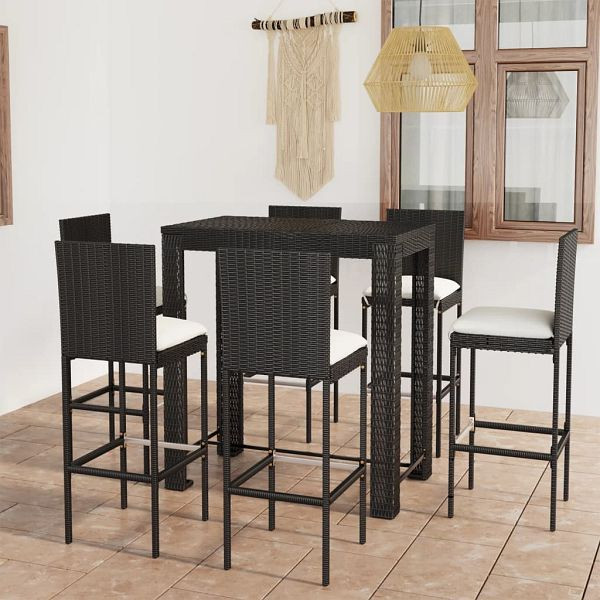 vidaXL 7-tlg. Gartenbar-Set mit Kissen Poly Rattan Schwarz, 3064798