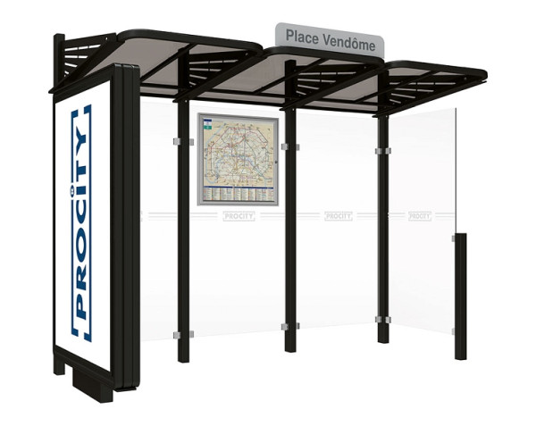 Procity Wartehalle Convi® - Standard - 1 Beleuchteter Caisson Links + 1 Seitenverkleidung Rechts, Farbe RAL 9005, 529388.9005