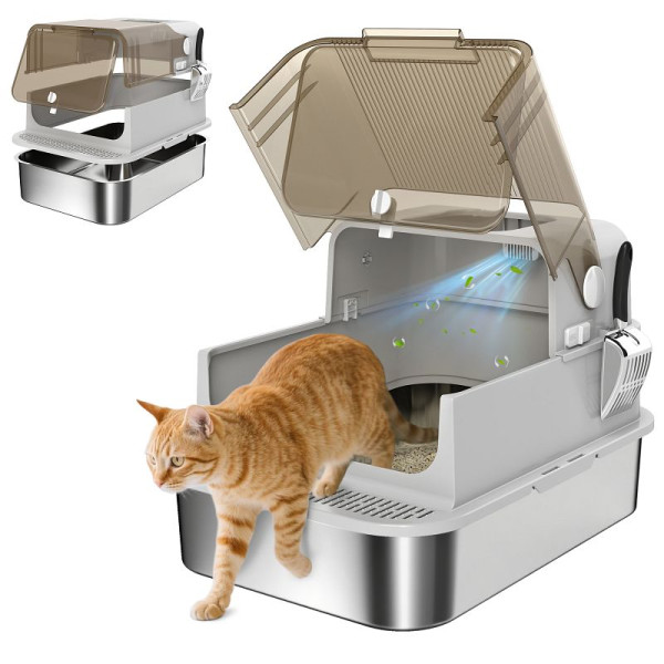 PawHut XXL Edelstahl-Katzentoilette mit Klappdeckel, Katzenklo mit Schaufel für große Katzen bis zu 12 kg, D31-136V00GY