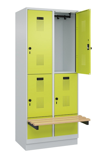 C+P Doppelstock-Spind Evolo PLUS, Bank, 4 Fächer, 1950x800x815mm, 7035/0024, Drehriegel, Sitzfläche Buche-Hartholz, mit Sockel, 049340-22 S10015