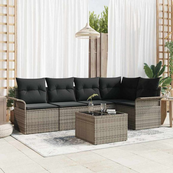vidaXL Garten-Sofa-Set mit Kissen mit Speicher, 6er Set, Grau Poly Rattan, 3354038