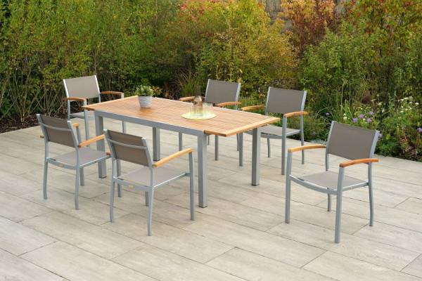 Merxx Naxos Set 7-teilig, 6 Naxos Stapelsessel, 1 Ausziehtisch 150 (200) x 90 cm, Aluminium mit Textilbespannung und FSC Akazienholz, 50652-309