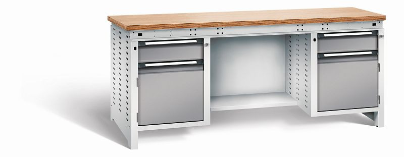 Otto Kind Werkbank Serie function Typ 305, Multiplexplatte 40 mm, bündig, 2x Unterbau + mittleres Feld, Gehäuse RAL 7035, Front RAL 7037, 072360167