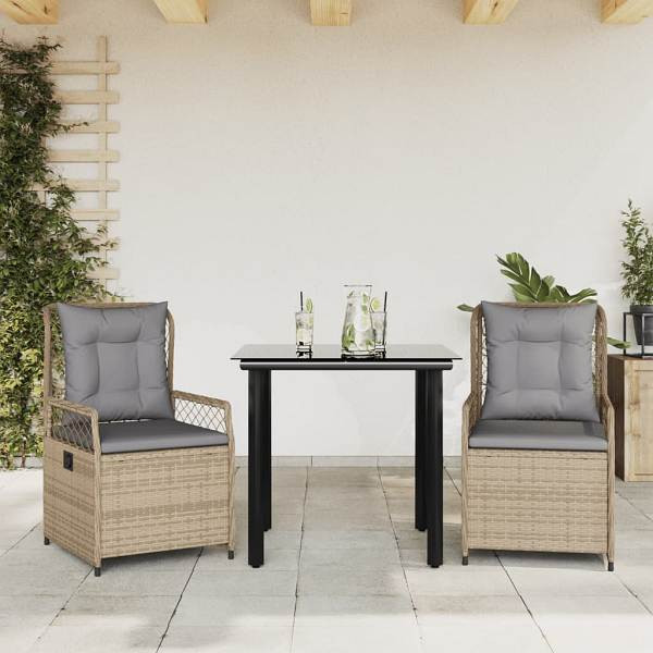 vidaXL 3-tlg. Garten-Essgruppe mit Kissen Beige Poly Rattan, UV-beständig, 3263006