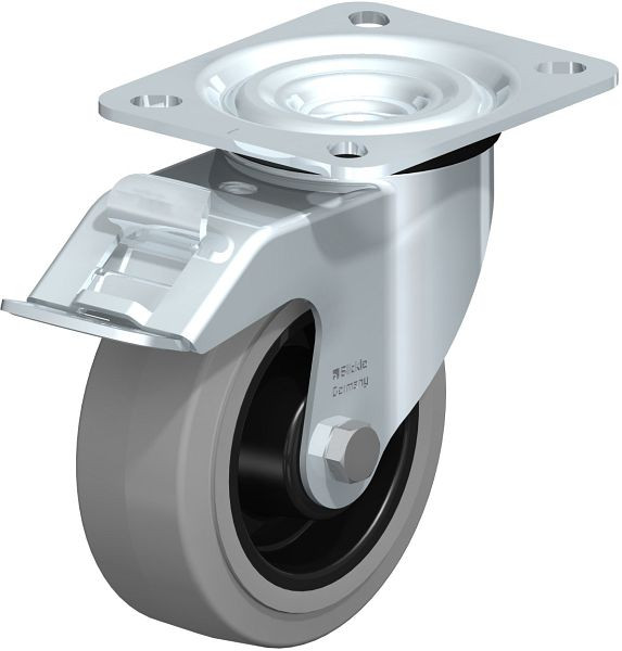 Blickle L-POEV 100G-FI-SG Stahlblech-Lenkrolle, mittelschwere Ausführung, mit Anschraubplatte & Feststeller, Elastik-Vollgummi, Grau, 313197