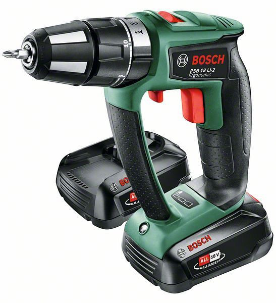 Bosch Akku-Zweigang-Schlagbohrschrauber PSB 18 LI-2 Ergonomic, mit 2 x PBA 18V 2.5 Ah, 06039B0301