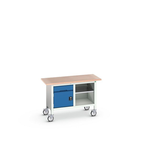 bott verso mobile Kastenwerkbank (Multiplex)mit 1 Schublade, 1 Tür und 1 Ablageboden, BxTxH: 1250 x 600 x 830 mm, Lichtgrau / Enzianblau, 16923200.11