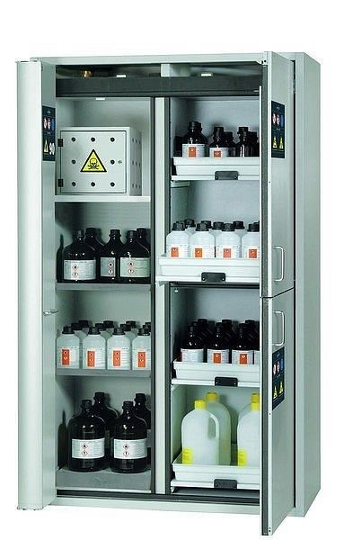 asecos Kombi-Sicherheitsschrank K-PHOENIX-90, K90.196.120.MC.FWAS in lichtgrau RAL 7035 mit 2x Fachboden (Edelstahl), 30335-001-30755