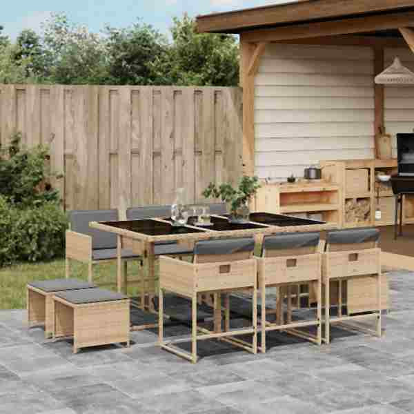 vidaXL 11-tlg. Garten-Essgruppe mit Kissen Beigemischung Poly Rattan, UV-beständig, 3211332