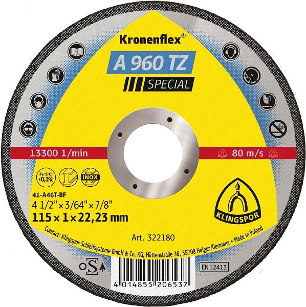 Klingspor A 960 TZ Trennscheiben 115 x 1 x 22,23 mm gerade, VE: 25 Stück, 322180