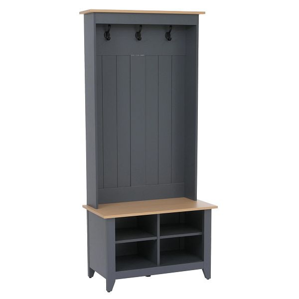Mendler Garderobe HWC-P28, Standgarderobe Schuhregal Sitzbank, 3 Haken 4 Staufächer Melamin 170x76x39cm, dunkelgrau, natur, 118683