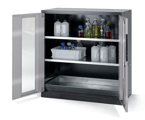 asecos Chemikalienschrank Systema CS-102G, Korpus anthrazit, silber, 2 Einlegeböden und Bodenwanne, 202676