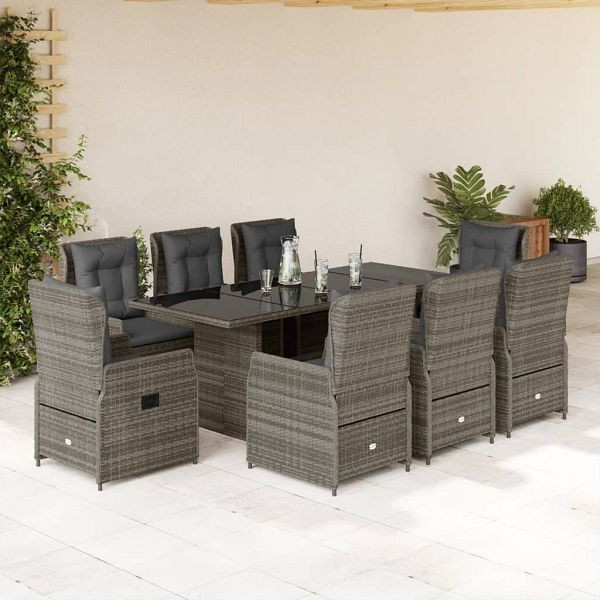 vidaXL 9-teilig Garten-Essgruppe mit Kissen Grau Poly Rattan, 3262784