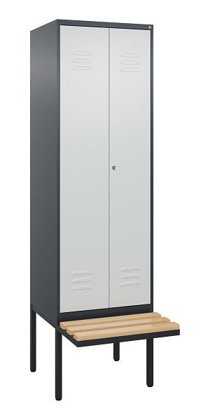 C+P Umkleidespind Classic PLUS SW, 2 Abteile, 2120x600x815mm, 7016/7035, Zylinderschloss, Buche-Sitzleisten, 0800427-20 S10057