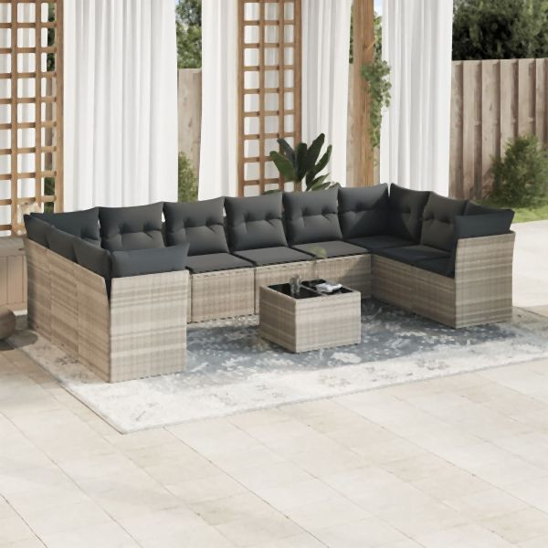 vidaXL 11-tlg. Garten-Sofagarnitur mit Kissen Hellgrau Poly Rattan, 3218212