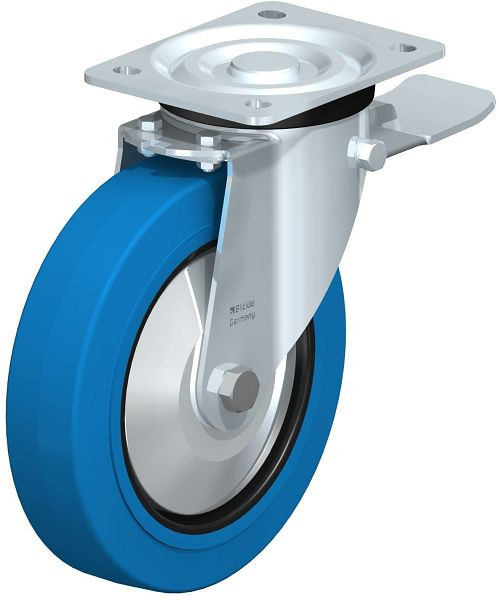 Blickle L-POEV 200XR-ST-SB-FA Stahlblech-Lenkrolle, mittelschwere Ausführung, mit Anschraubplatte & Feststeller, Elastik-Vollgummi, Blau, 850727