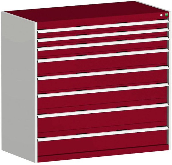 bott cubio Schubladenschrank bestückt mit 8 Schwerlastschubladen BxTxH: 1300 x 750 x 1200 mm, RAL 7035/3004, 40030022.24V
