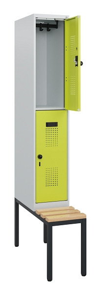 C+P Doppelstöckiger Spind Evolo PLUS, Bank, 2 Fächer, 1950x300x815mm, 7035/0024, Drehriegel, Sitzfläche Buche-Hartholz, Sitzbank, 0493505-10 S10015