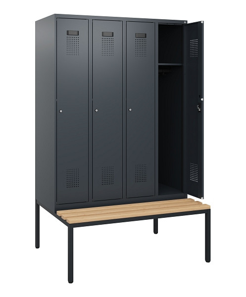 C+P Spind Evolo PLUS, 4 Abteile, 1950x1200x815mm, 7016/7016, Zylinderschloss, Sitzfläche Buche-Hartholz, Sitzbank, 0490505-40 S10043