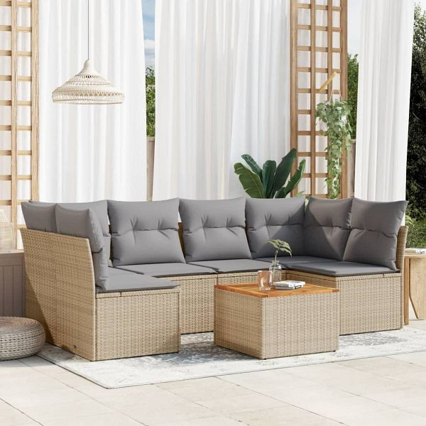 vidaXL 7-teilig Garten-Sofagarnitur mit Kissen Beige Poly Rattan, 3255891