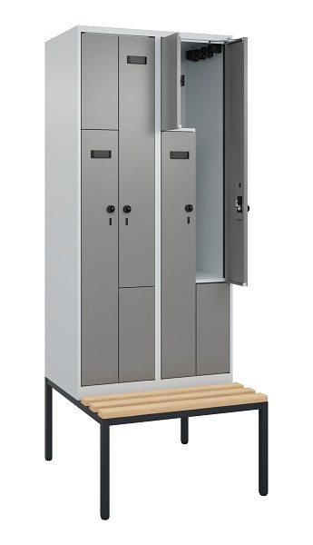 C+P Z-Spind Evolo PLUS, Bank, 4 Fächer, 2120x800x815mm, 7035/0004, Drehriegel, Sitzfläche Buche-Hartholz, Sitzbank, 0490537-224 S10009
