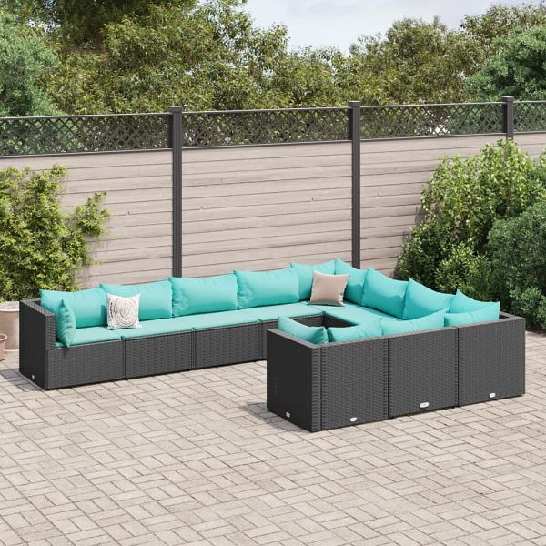 vidaXL 10-teilig Garten-Sofagarnitur mit Kissen Schwarz Poly Rattan, 3308332