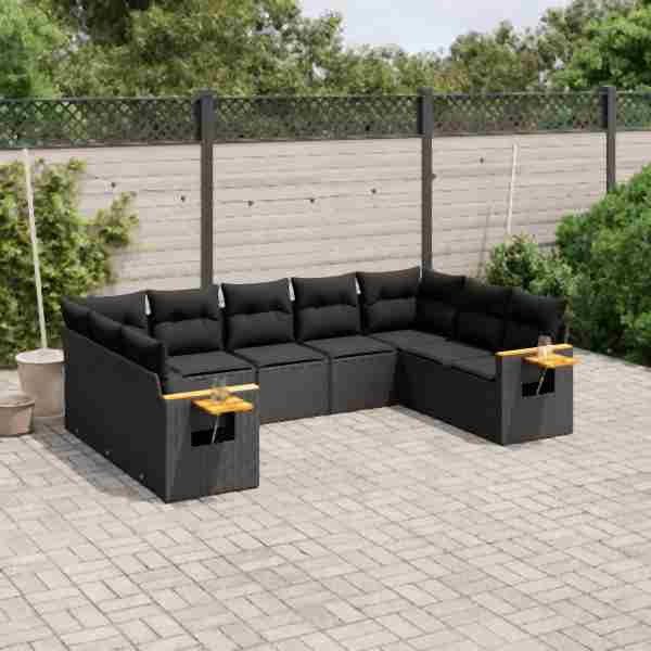 vidaXL 9-tlg. Garten-Sofagarnitur mit Kissen Schwarz Poly Rattan, UV-beständig, 3227112