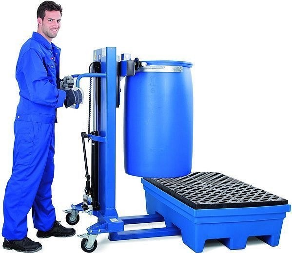 asecos Fasslifter, mit Fußpumpe, mit schmalem Fahrwerk, Hubbereich 120–520 mm, 32016