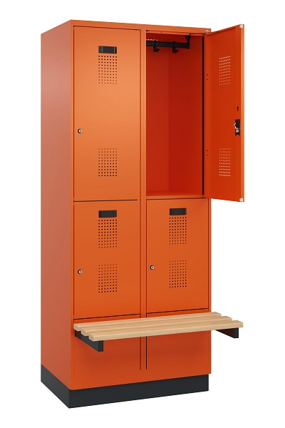 C+P Doppelstock-Spind Evolo PLUS, Bank, 4 Fächer, 1950x800x815mm, 2004/2004, Zylinderschloss, Sitzfläche Buche-Hartholz, mit Sockel, 049340-22 S10050