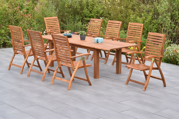 Merxx Paraiba Set 9-teilig, 8 Paraiba Klappsessel, Rückenlehne 5-fach verstellbar, 1 Doppelausziehtisch, 180 (220/260) x 100 cm, FSC Akazinholz, 50113-011