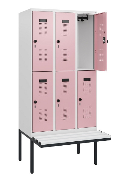 C+P Doppelstock-Spind Evolo PLUS, Bank, 6 Fächer, 1950x900x815mm, 9016/3015, Drehriegel, Sitzfläche Kunststoff, 0493405-30 S10116