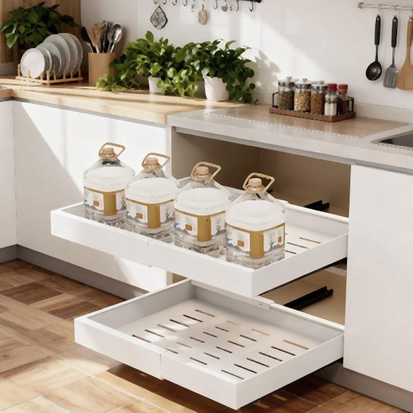 HOME NATURE WOHNKONZEPT Küchenschrank Ausziehschublade, 2er Set, mit Klebehalterung ohne Bohren, 52x53x7,5cm, Karbonstahl, Weiß, YQ0093