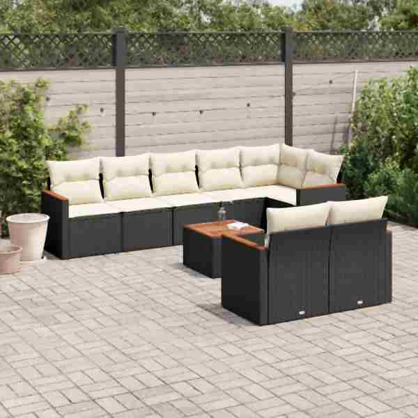vidaXL 9-tlg. Garten-Sofagarnitur mit Kissen Schwarz Poly Rattan, UV-beständig, 3226154